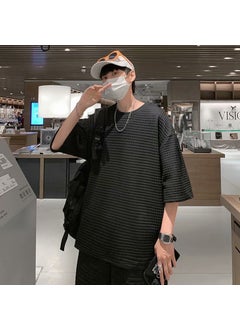 Waffle Sports Suit for Boys with a Set of Handsome Short-Sleeved T-Shirts Trendy Brand Ins Summer Heavyweight Black top