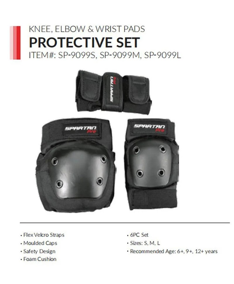 Spartan Pro Knee Elbow and Wrist Protective Set Large – Black | Foam Cushion with Slide Caps | Soft Fleece Interior | Flex Velcro Straps | Adult Size L (10+Years) Multi‑Joint Safety Gear SP‑9099L - Image 1