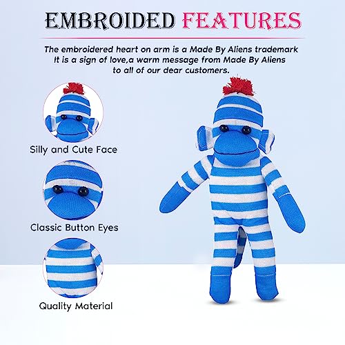 Made By Aliens Adorable Sock Monkey The Original Traditional Hand Knitted Stuffed Animal Toy Giftfor Kids Babies Teens Girls and Boys Baby Doll Present Puppet 16 Blue - Image 5