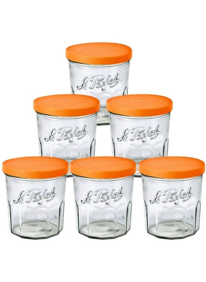 Le Parfait Jam Pots Clear Jars With Orange Snap Lids | Sturdy French Faceted Nonslip Glass Body | Works As Drinking Glass Cup For Iced Tea Or Coffee & Spice Storage | 11Oz (Pack Of 6) 324Ml  - Image 2