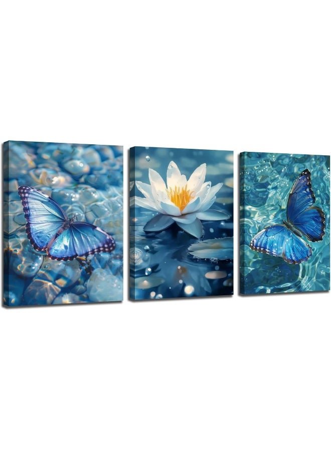 Home Trove Arjun Blue Butterflies Canvas Wall Art Beautiful Butterflies And Lotus Pictures Nature Painting Animals And Flowers Artwork Framed For Bathroom Living Room Bedroom Home Office Wall Decor, 12"X16"X3  - Image 1