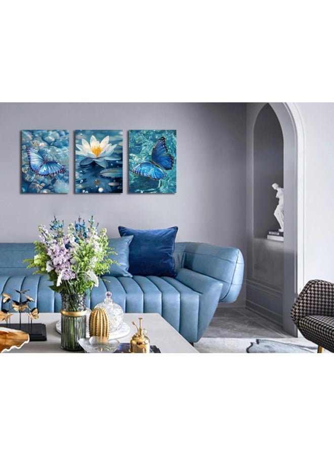 Home Trove Arjun Blue Butterflies Canvas Wall Art Beautiful Butterflies And Lotus Pictures Nature Painting Animals And Flowers Artwork Framed For Bathroom Living Room Bedroom Home Office Wall Decor, 12"X16"X3  - Image 2