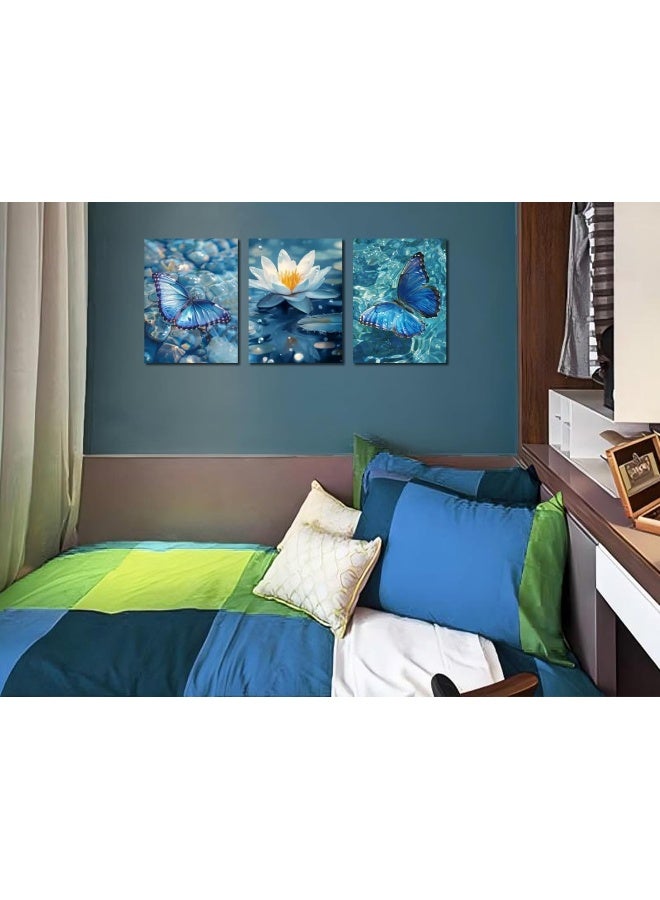 Home Trove Arjun Blue Butterflies Canvas Wall Art Beautiful Butterflies And Lotus Pictures Nature Painting Animals And Flowers Artwork Framed For Bathroom Living Room Bedroom Home Office Wall Decor, 12"X16"X3  - Image 3