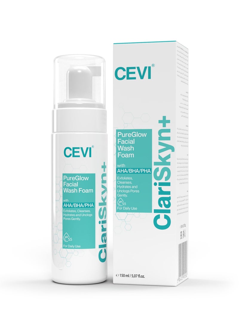 سيفى غسول الوجه الرغوي CEVI ClariSkyn+ PureGlow مع AHA/BHA/PHA - غسول يومي مقشر ومرطب للوجه، ينعم البشرة ويفتح المسام، منظف رغوي لطيف. - Image 1