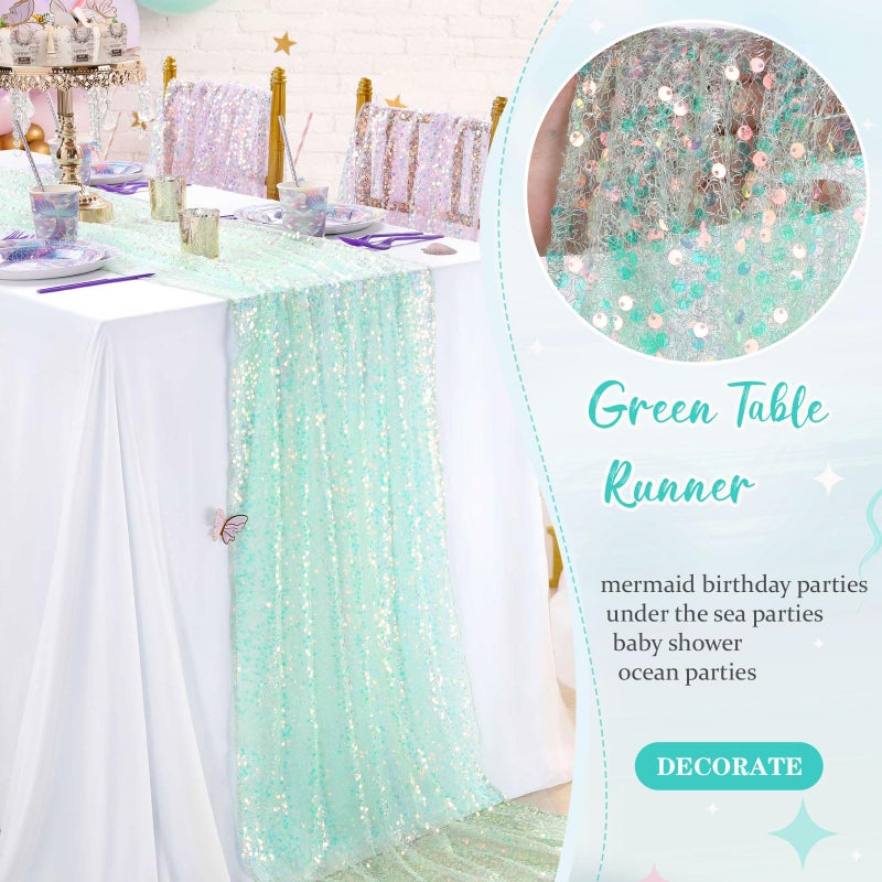 QueenDream Green Sequin Table Runner 25x120 Inches Long 10FT Iridescent Glitter Fabric for Girls Spring Summer Wedding Mermaid Party Birthday Decorations - Image 3