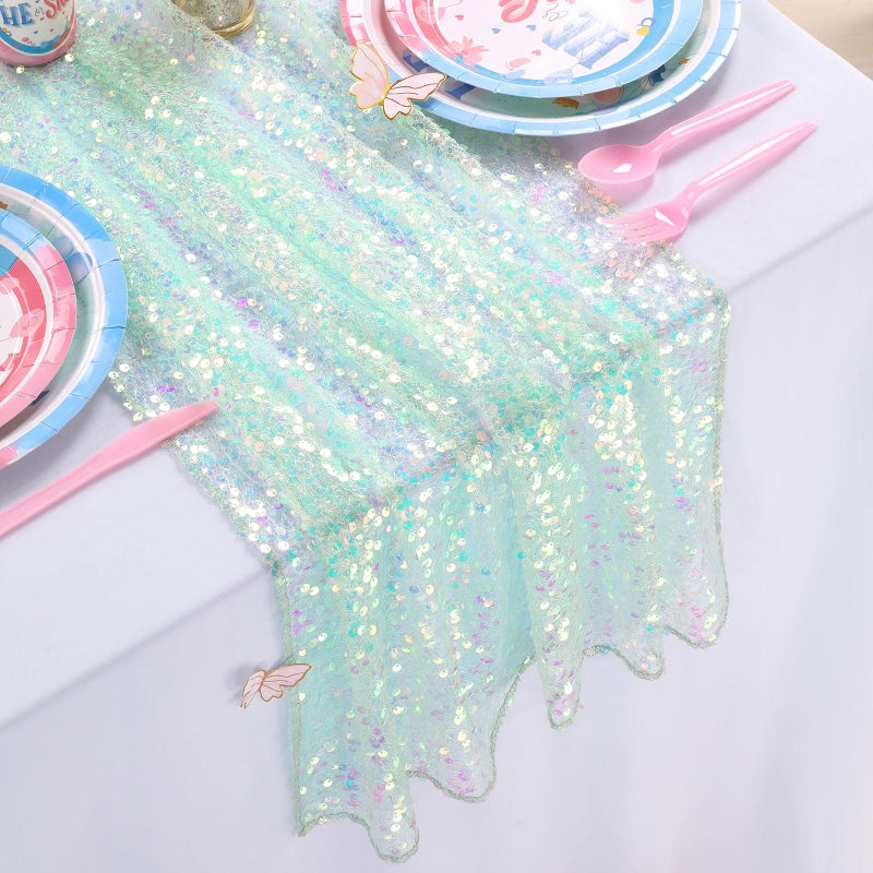 QueenDream Green Sequin Table Runner 25x120 Inches Long 10FT Iridescent Glitter Fabric for Girls Spring Summer Wedding Mermaid Party Birthday Decorations - Image 1