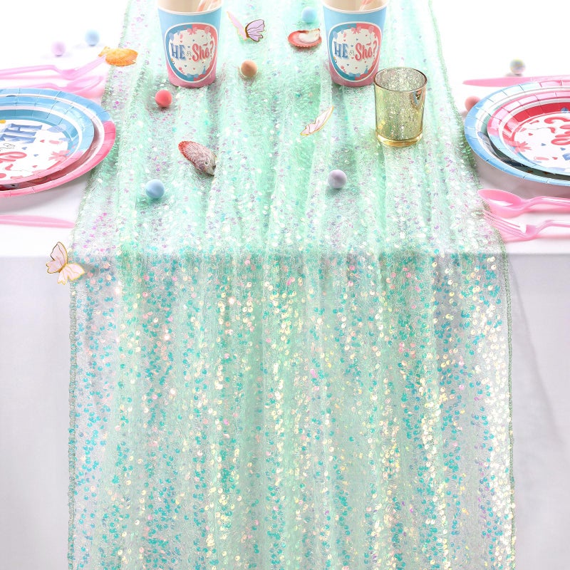 QueenDream Green Sequin Table Runner 25x120 Inches Long 10FT Iridescent Glitter Fabric for Girls Spring Summer Wedding Mermaid Party Birthday Decorations - Image 4