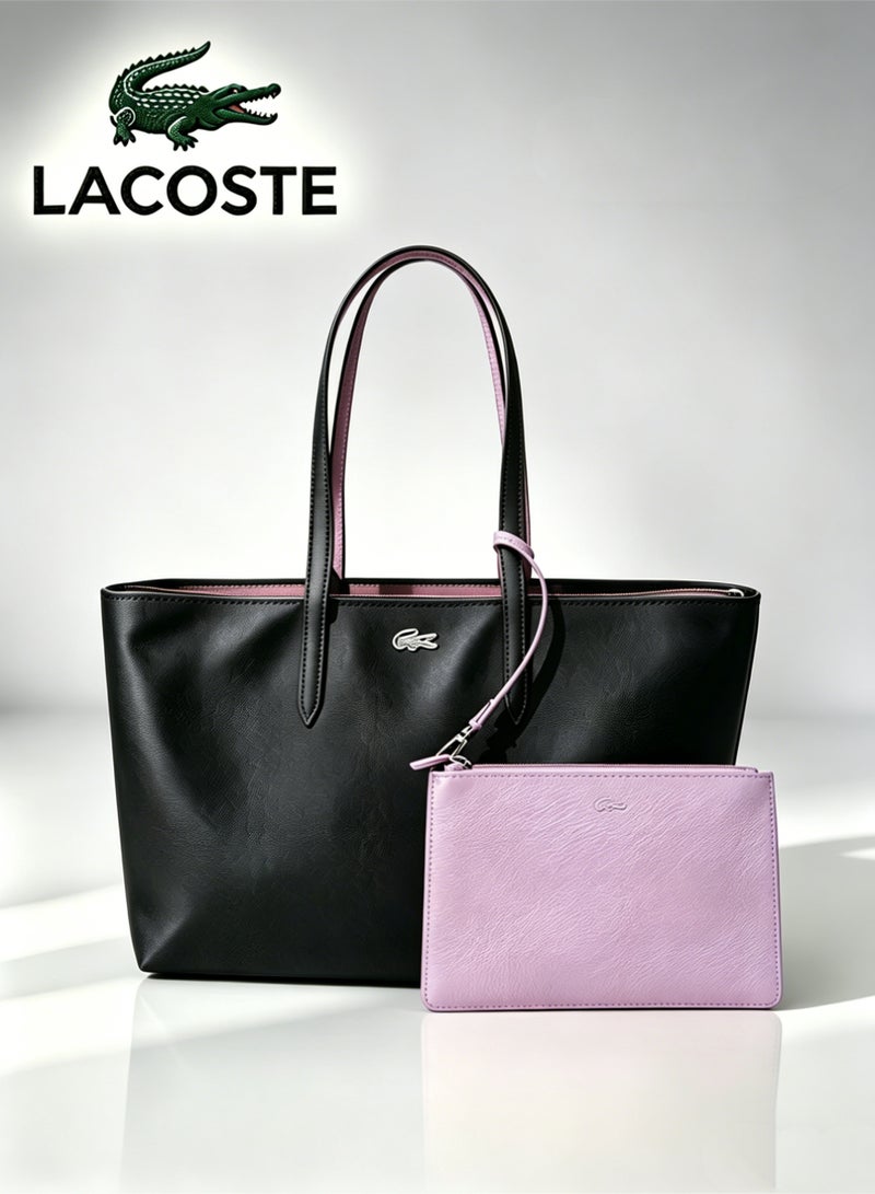 Lacoste Women's L12.12 Concept Fashion Versatile Large Capacity Zipper Camera Bag, Black Purple Contrast Color With Bonus Matching Purple Pouch | 35cm30cm14cm - Image 1