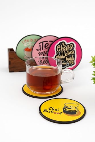 Zepdos Wooden Printed Chai Coaster Set, Coffee Theme Coasters Set with Wooden Holder, Printed Drink Coasters Set of 6 with Stand, Table Mats for Coffee Cups, Dining Table & Home Décor - Image 1