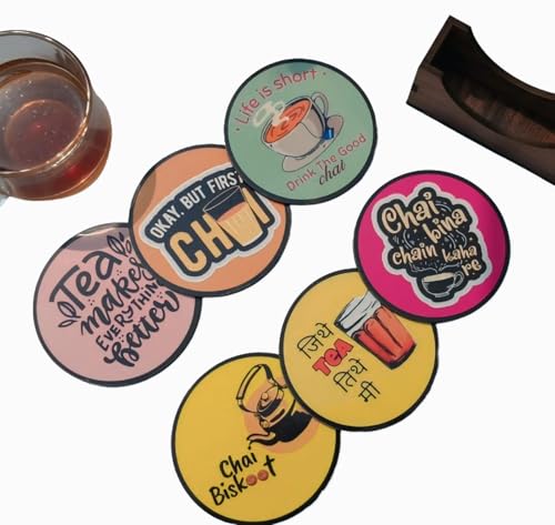 Zepdos Wooden Printed Chai Coaster Set, Coffee Theme Coasters Set with Wooden Holder, Printed Drink Coasters Set of 6 with Stand, Table Mats for Coffee Cups, Dining Table & Home Décor - Image 2