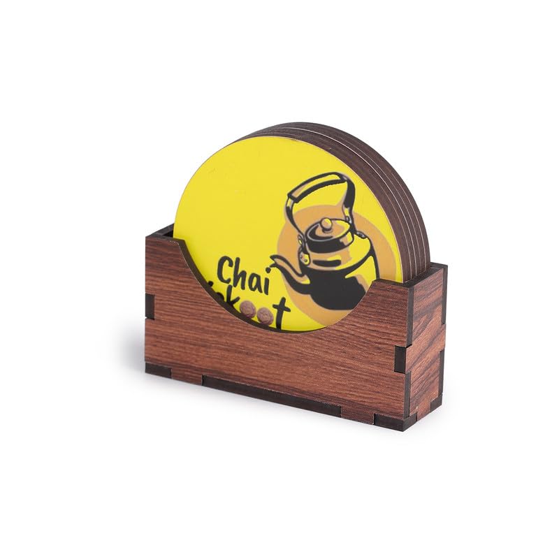 Zepdos Wooden Printed Chai Coaster Set, Coffee Theme Coasters Set with Wooden Holder, Printed Drink Coasters Set of 6 with Stand, Table Mats for Coffee Cups, Dining Table & Home Décor - Image 5