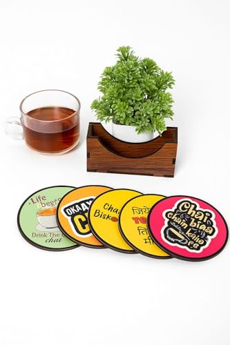 Zepdos Wooden Printed Chai Coaster Set, Coffee Theme Coasters Set with Wooden Holder, Printed Drink Coasters Set of 6 with Stand, Table Mats for Coffee Cups, Dining Table & Home Décor - Image 4