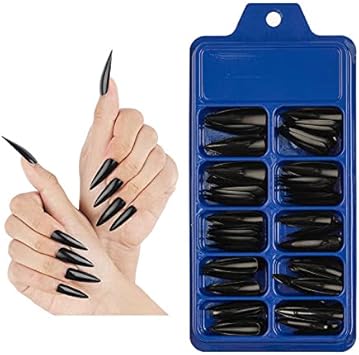Amni Natural Look False Nail Tips 10 Sizes Matte Full Cover Long StilettoPointy Fake Nails Art Manicure UK BLACK POINTY NAILS 100 Piece Assortment - Image 1