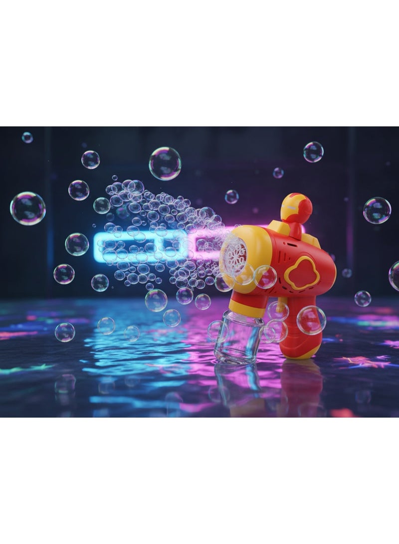 مسدس فقاعات كهربائي للأطفال بإضاءة LED – لعبة نفخ فقاعات أوتوماتيكية بتصميم شخصية بطل خارق باللون الأحمر والذهبي | مثالي للعب الخارجي والحفلات - Image 2