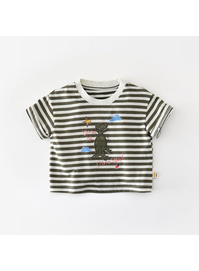 Boys' Short Sleeve Summer Thin Kids' Half Sleeve T-shirt Cartoon Dinosaur Print Striped Round Neck Top 62430
