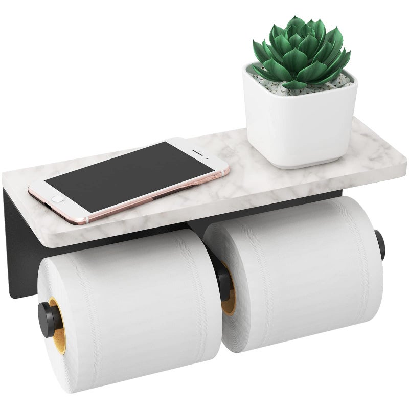 Gypie Toilet Paper Holder with Shelf New Upgrade Double Toilet Paper Holder with Storage Marble Roll Toilet Paper Wall Mount for Bathroom WashroomBlack
