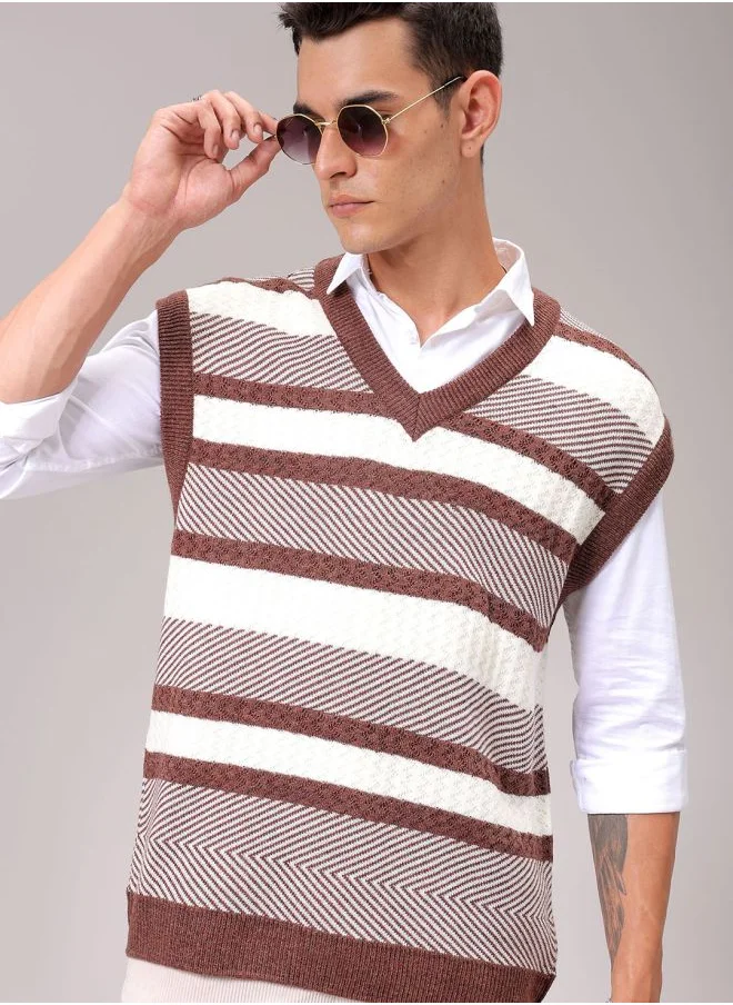 The Indian Garage Co Men Oversized Horizontal Stripes V-Neck Sweater