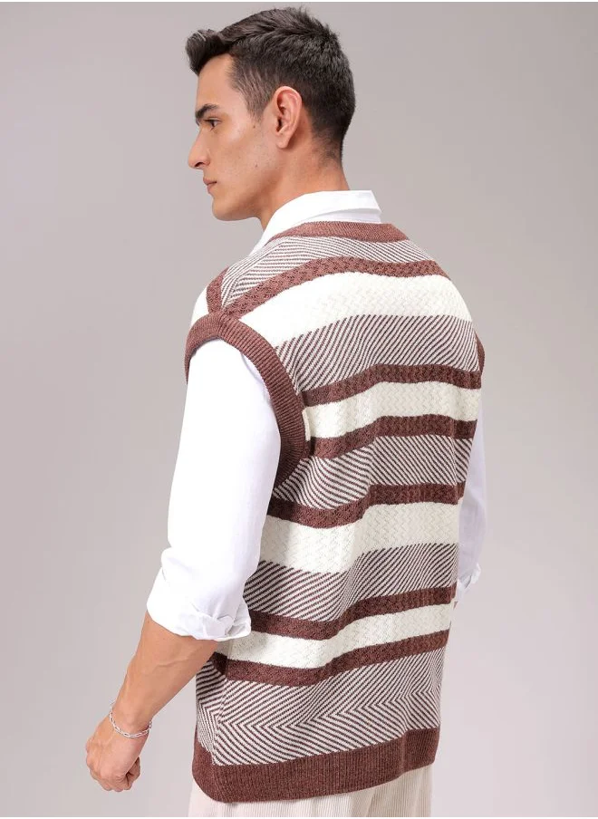 The Indian Garage Co Men Oversized Horizontal Stripes V-Neck Sweater