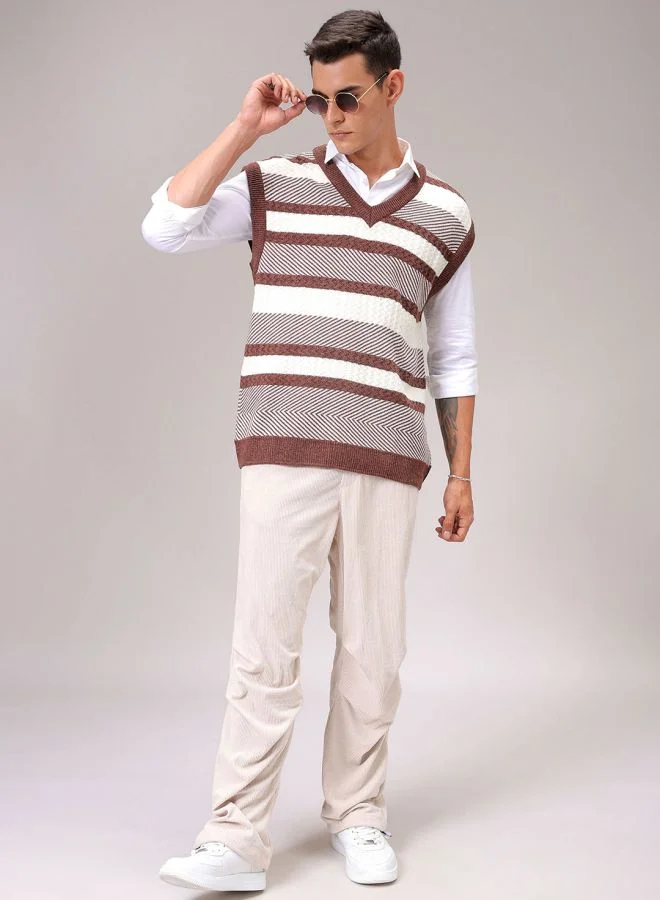 شركة المرآب الهندية Men Oversized Horizontal Stripes V-Neck Sweater
