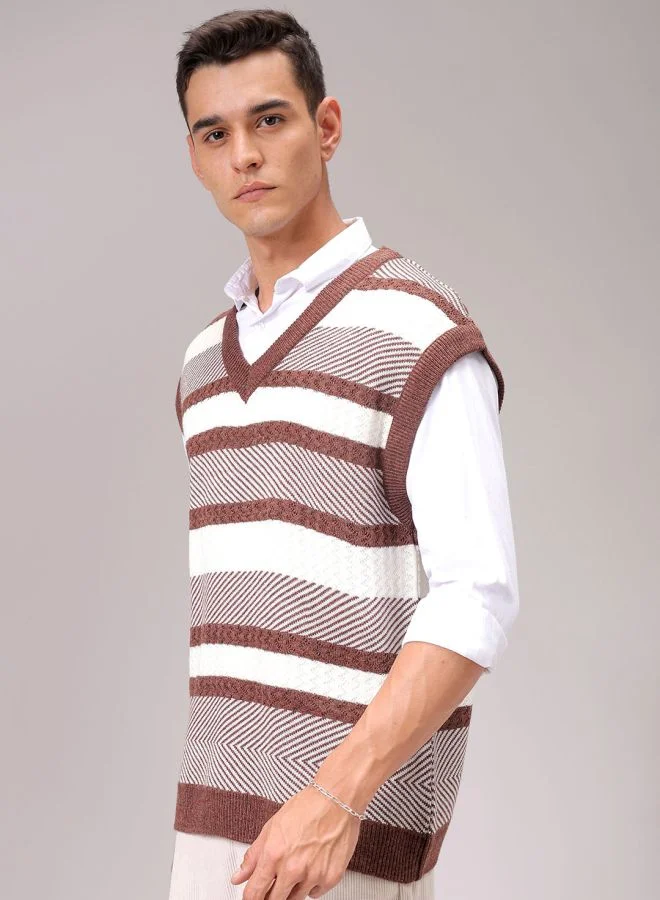 شركة المرآب الهندية Men Oversized Horizontal Stripes V-Neck Sweater
