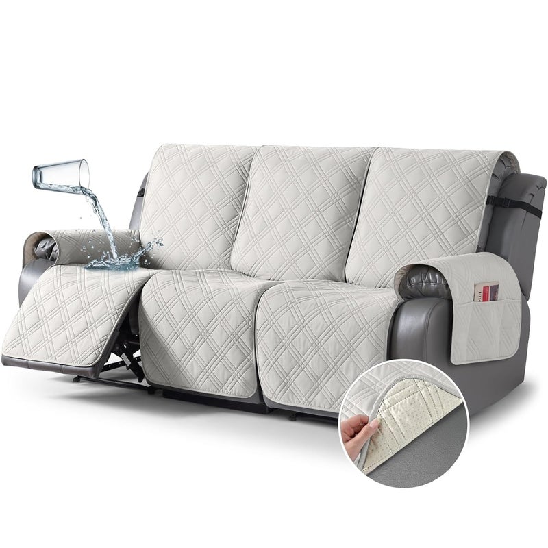 غطاء أريكة قابل للإمالة 100% مقاوم للماء من TAOCOCO، غطاء أريكة غير قابل للانزلاق مقسم للأرائك القابلة للإمالة مع أحزمة مرنة، غطاء أريكة قابل للغسل، واقي أثاث للأطفال والحيوانات الأليفة، 3 مقاعد، أبيض فاتح