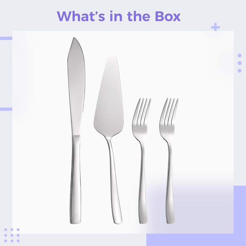 4 Pcs Cake Knife And Server Set, Modern Stainless Steel Flatware, Includes 2 Forks, Silver Wedding Cake Knife And Shovel, Polished For Cake, Dessert, Pizza, Pie - Image 3