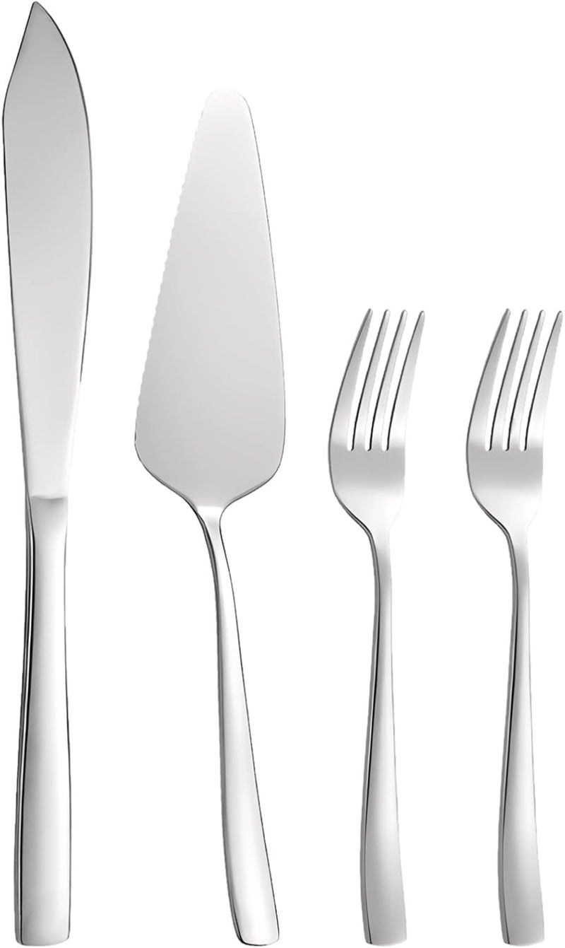 4 Pcs Cake Knife And Server Set, Modern Stainless Steel Flatware, Includes 2 Forks, Silver Wedding Cake Knife And Shovel, Polished For Cake, Dessert, Pizza, Pie - Image 1