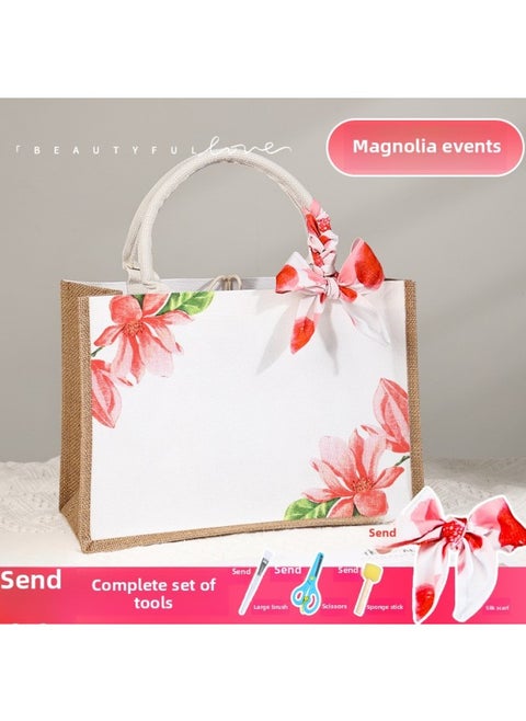Butterfly Ancient Bart Material Bag Diy Mother's Day Canvas Bag Children's Handmade Creative Linen Bag Group Building Activity Gift-Color:Vertical Style [magnolia Orchid] Comes With A Full Set Of Tools + Detailed Tutorials