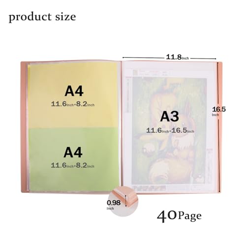 Qunrwe A3 Art Portfolios Case 40 Pages,Diamond Painting Storage Book,Pocket Protector with Index Stickers,11.8 x 16.5 inch Clear Sheet Protectors Portfolio Folder for Artwork,Report,Photo (Pink) - Image 2