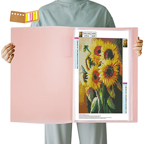 Qunrwe A3 Art Portfolios Case 40 Pages,Diamond Painting Storage Book,Pocket Protector with Index Stickers,11.8 x 16.5 inch Clear Sheet Protectors Portfolio Folder for Artwork,Report,Photo (Pink) - Image 1