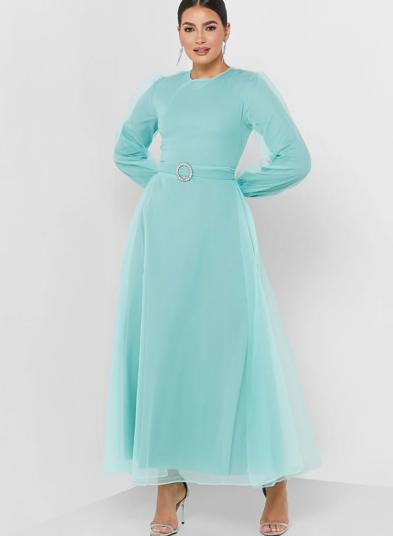 Khizana Puff Sleeve Belted Dress