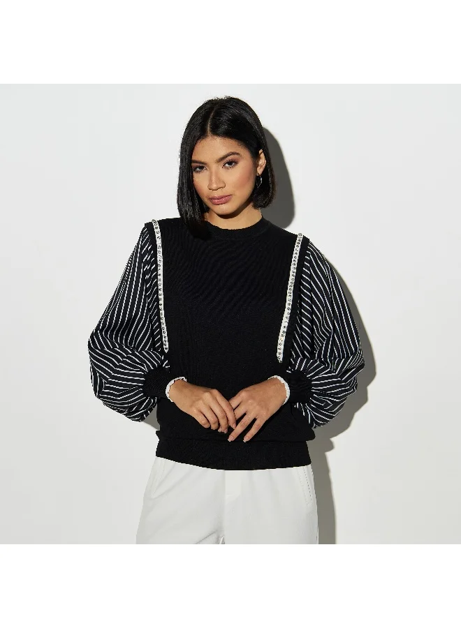 2Xtremz 2Xtremz Embellished Sweater with Crew Neck and Long Chiffon Sleeves