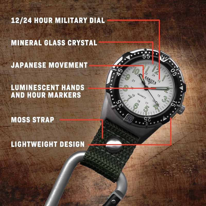 Dakota Backpacker Clip, Quality Pocket Watch, Fob Nylon Carabiner Strap, Lightweight, Premium Durability Outdoor Gifts for Men, Use for Fishing, Hunting, Golf and More, Tactical Watch - Image 4