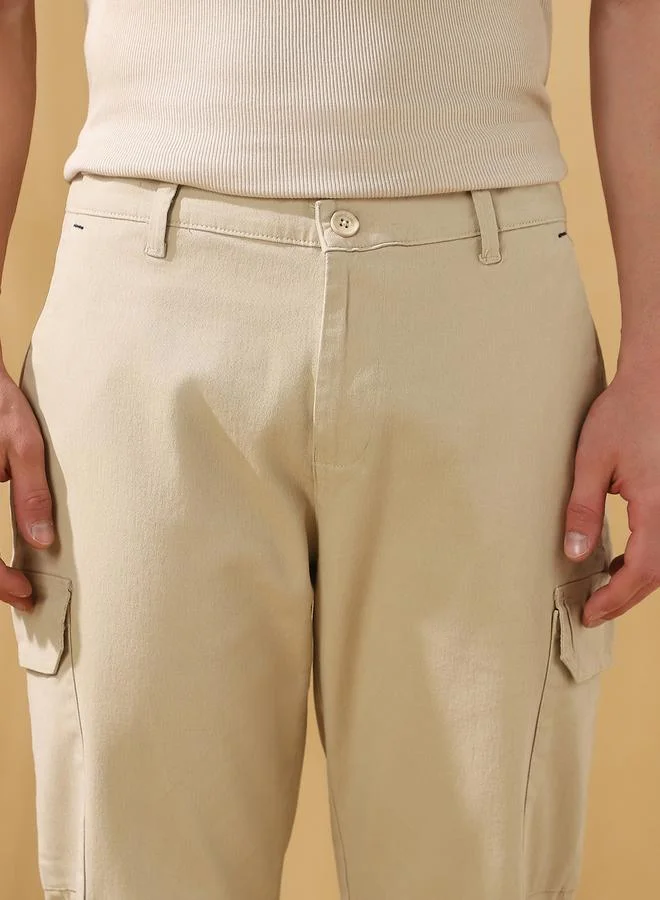 Dennis Lingo Men's Beige 100% Cotton Solid Pattern Full Length Cargo Straight Fit Trouser