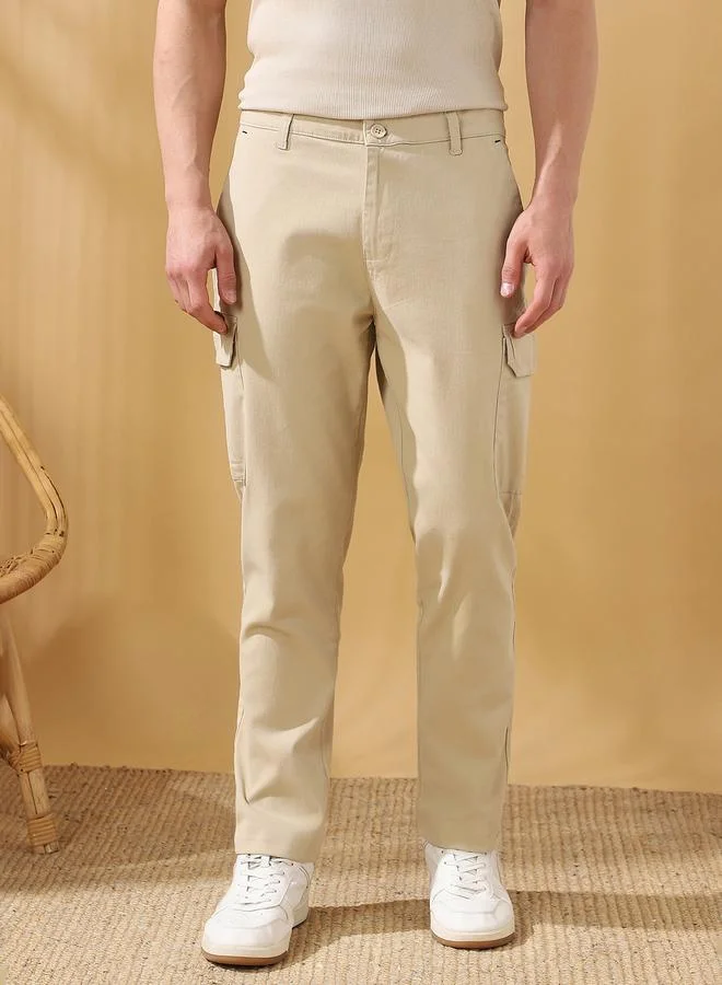 Dennis Lingo Men's Beige 100% Cotton Solid Pattern Full Length Cargo Straight Fit Trouser