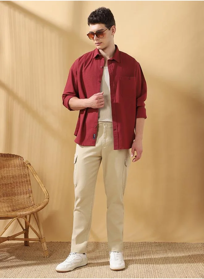 دينيس لينغو Straight Fit Solid Beige 98% Cotton 2 %Elastane Mid Rise Waist Full Length Woven Weave Cargo for Men with Button/Zip Closure -elevate your everyday fashion game effortlessly.