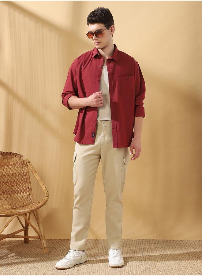 Dennis Lingo Straight Fit Solid Beige 98% Cotton 2 %Elastane Mid Rise Waist Full Length Woven Weave Cargo for Men with Button/Zip Closure -elevate your everyday fashion game effortlessly.  - Image 1