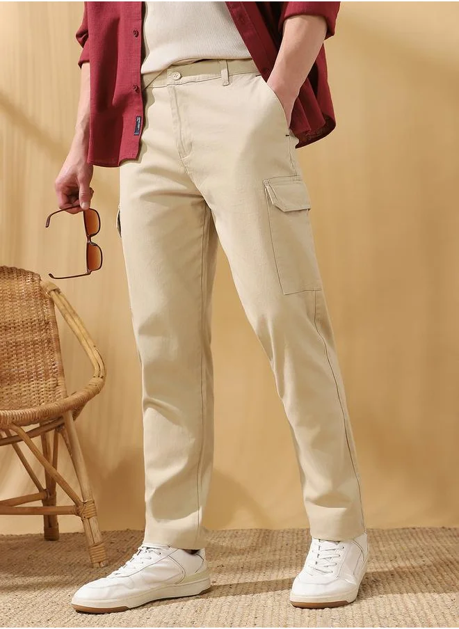 دينيس لينغو Straight Fit Solid Beige 98% Cotton 2 %Elastane Mid Rise Waist Full Length Woven Weave Cargo for Men with Button/Zip Closure -elevate your everyday fashion game effortlessly.