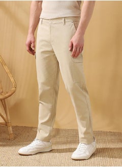 Dennis Lingo Straight Fit Solid Beige 98% Cotton 2 %Elastane Mid Rise Waist Full Length Woven Weave Cargo for Men with Button/Zip Closure -elevate your everyday fashion game effortlessly.  - Image 3