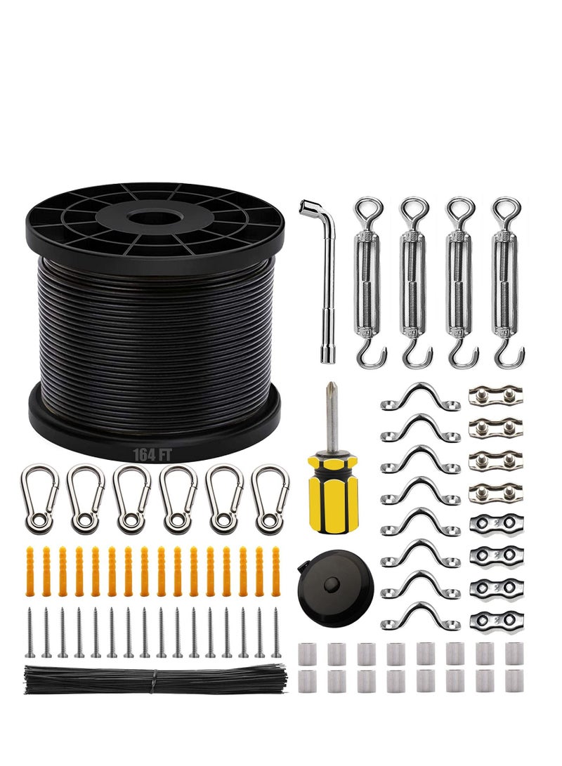 String Light Hanging Kit with 164 Ft Nylon Coated 304 Stainless Steel Wire Rope Suspension Guide Turnbuckles and Hooks for Patio Backyard Lighting Accessories - Image 1