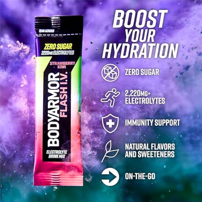 BODYARMOR حزم إلكتروليت BODYARMOR Flash IV، فراولة كيوي - مزيج مشروبات بدون سكر، حزم فردية، مسحوق ماء جوز الهند (15 حبة) - Image 3