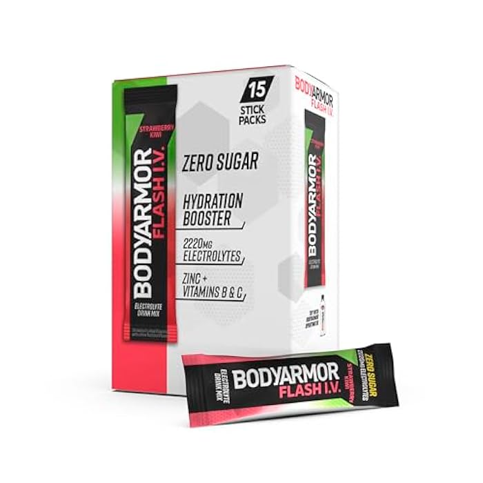 BODYARMOR حزم إلكتروليت BODYARMOR Flash IV، فراولة كيوي - مزيج مشروبات بدون سكر، حزم فردية، مسحوق ماء جوز الهند (15 حبة) - Image 1