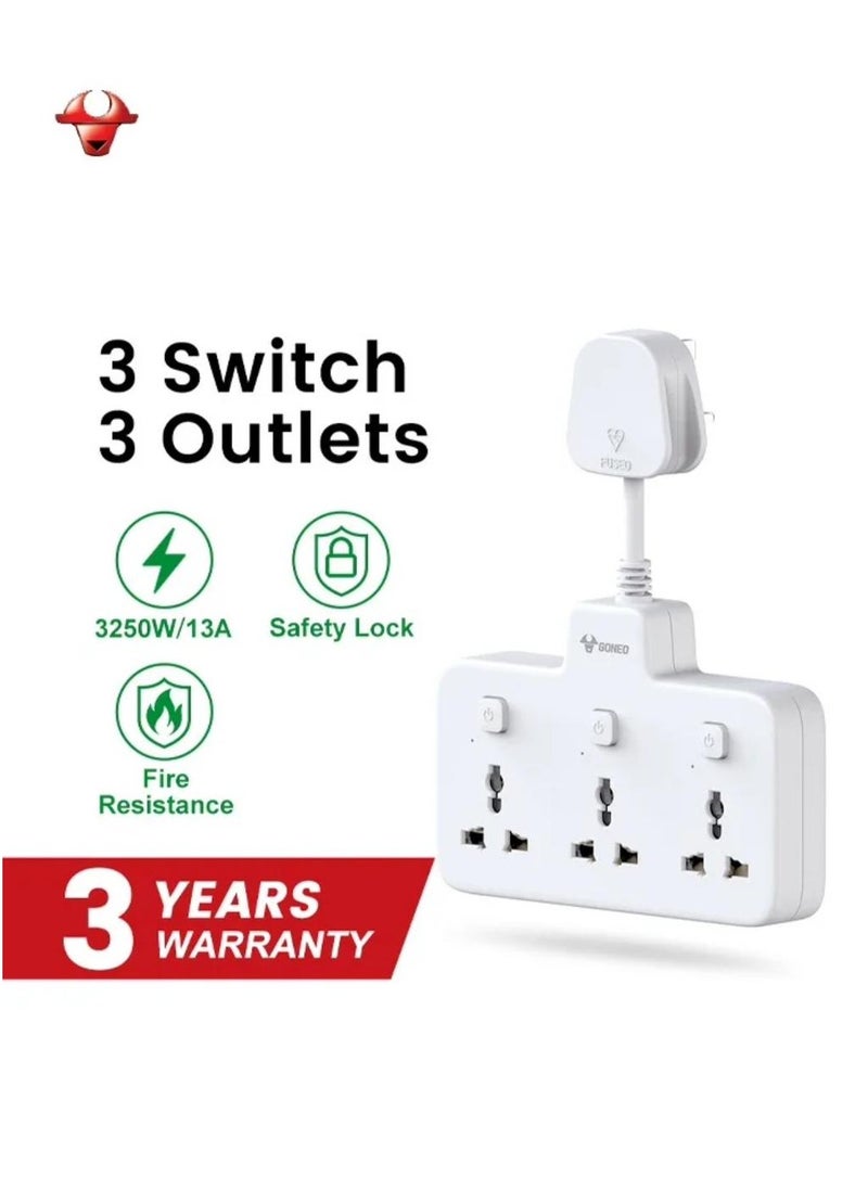 GONEO Flexible Extension Board, Individual Switch Power Strip, 3250W 13A Extension Cord with 3 Universal Socket, Surge Protection for Home Office - 3 Switches 3 Outlets  - Image 2