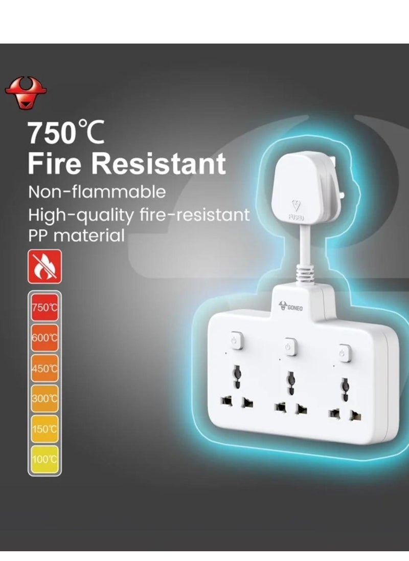 GONEO Flexible Extension Board, Individual Switch Power Strip, 3250W 13A Extension Cord with 3 Universal Socket, Surge Protection for Home Office - 3 Switches 3 Outlets  - Image 3