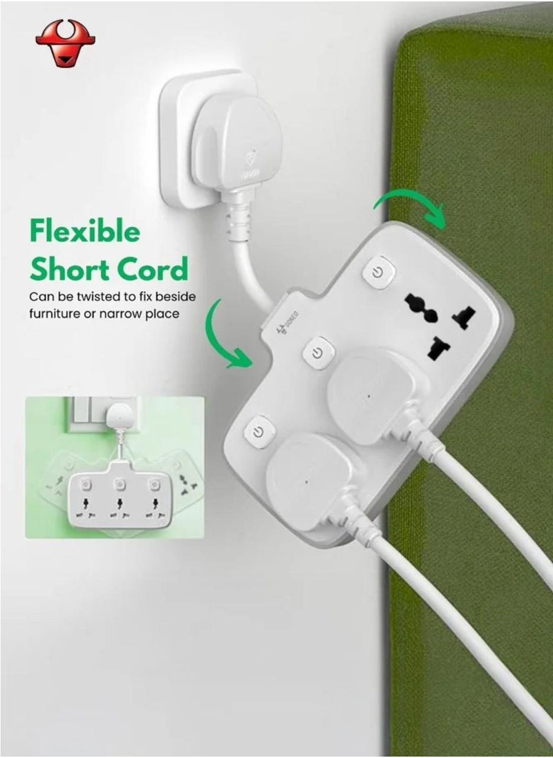 GONEO - Flexible Extension Board, Individual Switch Power Strip, 3250W 13A Extension Cord with 3 Universal Socket, Surge Protection for Home Office - 3 Switches 3 Outlets - Image 1
