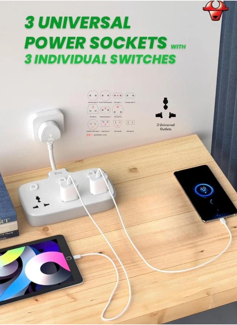 GONEO Flexible Extension Board, Individual Switch Power Strip, 3250W 13A Extension Cord with 3 Universal Socket, Surge Protection for Home Office - 3 Switches 3 Outlets  - Image 4