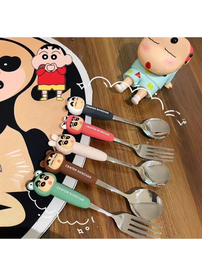 Generic - Crayon Shin-chan Stainless Steel Spoon Fork Suit Convenient Tableware Chopsticks Three-piece Children Student Carto Spoon Fork-Specifications:Small New Brown Spoon And Fork Chopsticks (large Transparent Box) - Image 1