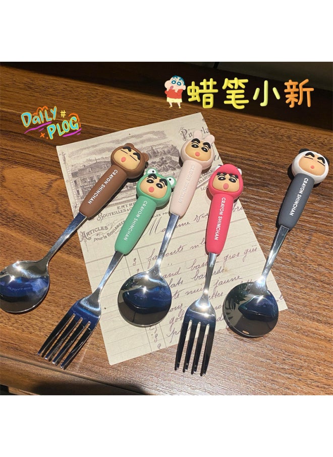 Generic - Crayon Shin-chan Stainless Steel Spoon Fork Suit Convenient Tableware Chopsticks Three-piece Children Student Carto Spoon Fork-Specifications:Small New Brown Spoon And Fork Chopsticks (large Transparent Box) - Image 1