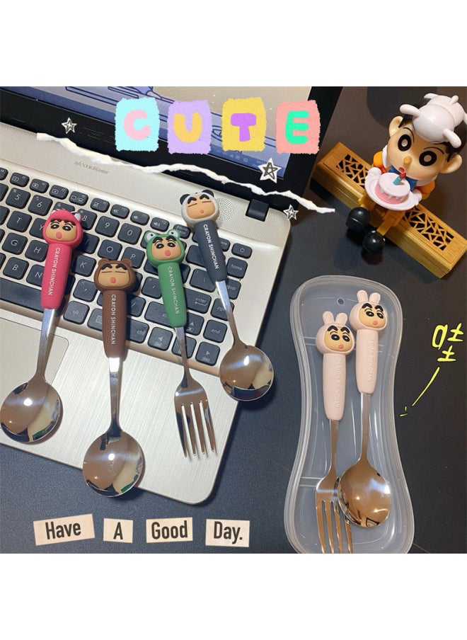 Generic - Crayon Shin-chan Stainless Steel Spoon Fork Suit Convenient Tableware Chopsticks Three-piece Children Student Carto Spoon Fork-Specifications:Small New Brown Spoon And Fork Chopsticks (large Transparent Box) - Image 1