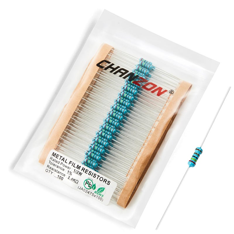 CHANZON 100 قطعة 1/2 واط (0.5 واط) 2.4 كΩ أوم مقاومة ثابتة من فيلم معدني 0.01 ±1% تحمل 2.4K R MF مقاومات ثقب المرور مع شهادة روهس - Image 1